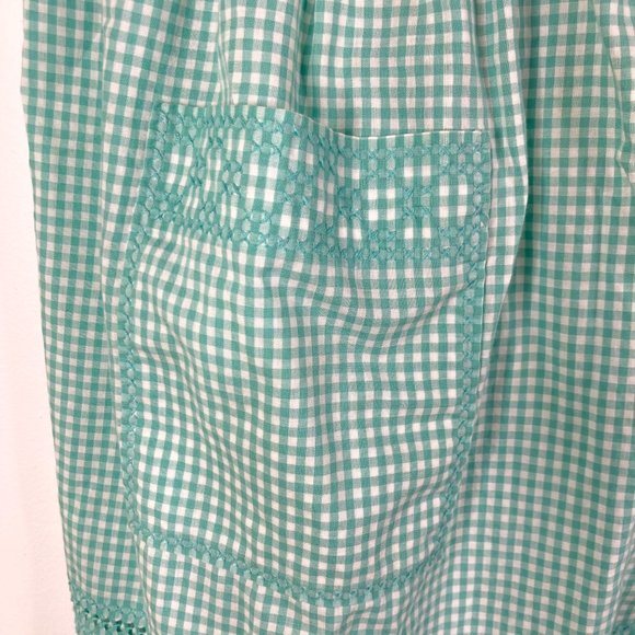 Vintage Handmade Teal Green Gingham Apron Cross Stitch Tie Waist Pocket - Picture 10 of 13
